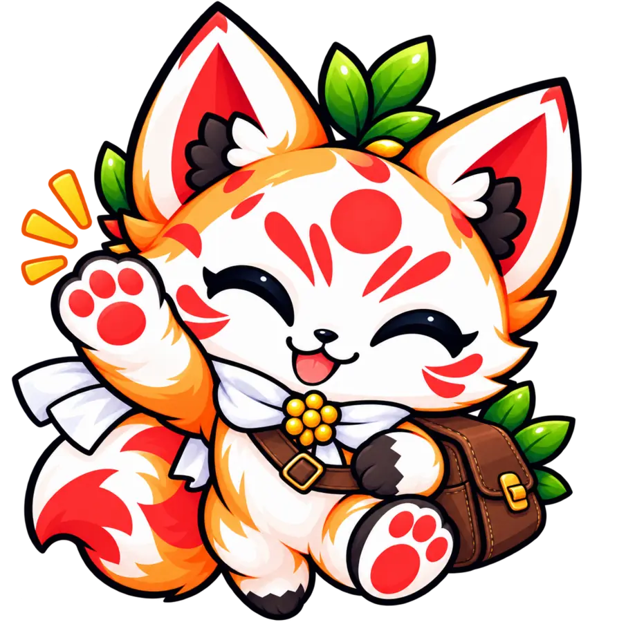 The Miso fox waving hello, with a brown messenger bag slung across its body