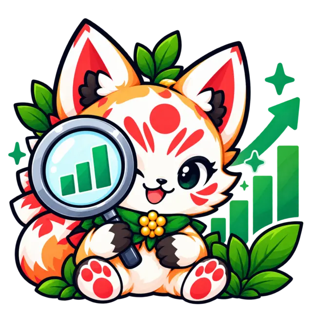 The Miso fox holding a magnifying glass over a rising bar chart